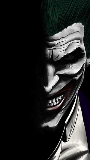 Dark and Menacing Joker Portrait with Green Hair and Sinister Grin HD phone wallpaper