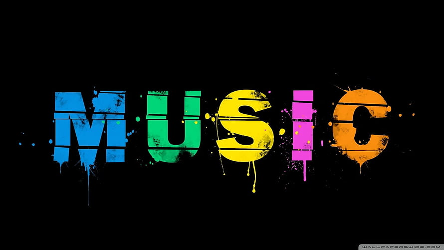 Vibrant Grunge Music Typography with Colorful Paint Splatter on Black Background HD wallpaper