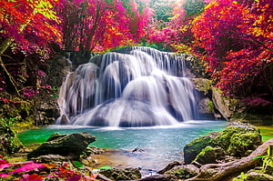 Vibrant Autumn Forest Waterfall With Turquoise Pool And Colorful Foliage HD wallpaper