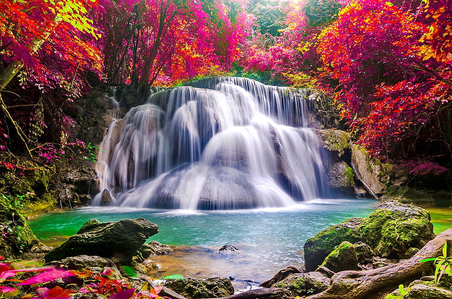 Vibrant Autumn Forest Waterfall With Turquoise Pool And Colorful Foliage HD wallpaper