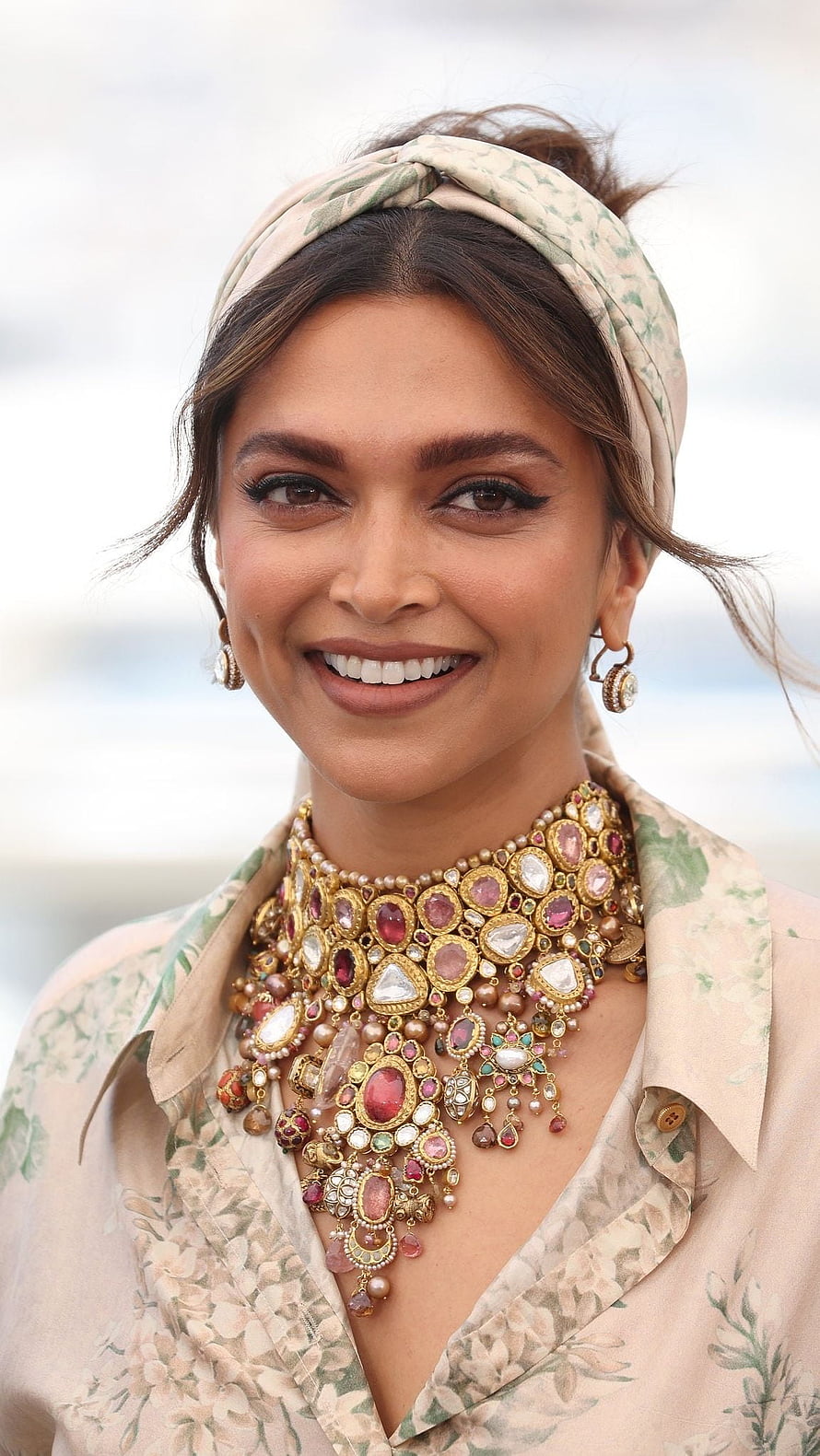 Deepika Padukone in Floral Headscarf and Ornate Gold Jewelry HD phone wallpaper