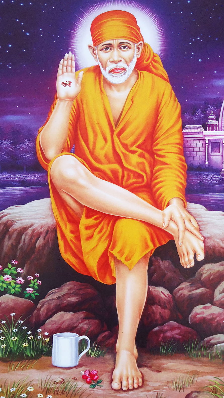Sant Kabir Ji Sitting on Rock with Shanti Hand Gesture and Starry Night Background HD phone wallpaper