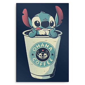 Stitch Peeking Out of a Coffee Cup with Ohana Logo on Dark Blue Background HD phone wallpaper