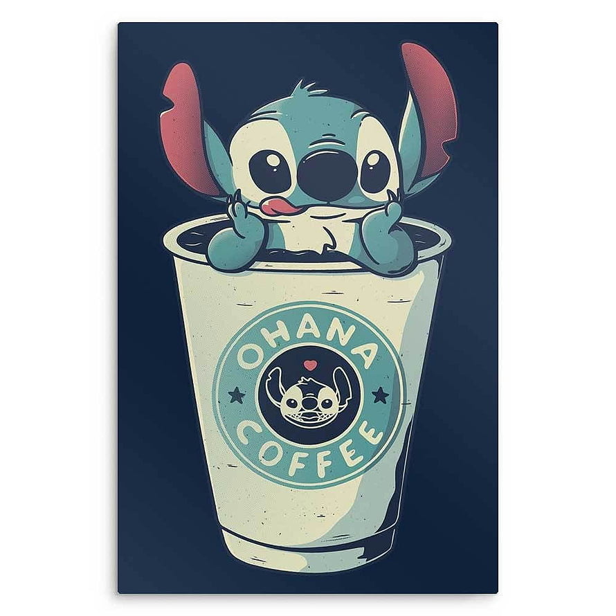 Stitch Peeking Out of a Coffee Cup with Ohana Logo on Dark Blue Background HD phone wallpaper