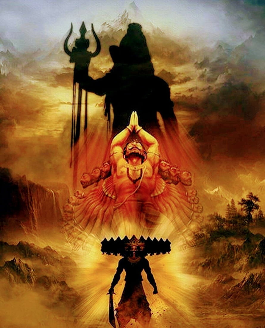 Epic Fantasy Artwork Featuring A Warrior Facing A Giant Multi-Armed Deity And A Shadowy Figure With A Trident HD phone wallpaper