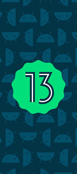 Android 13 Green Badge Logo on Dark Blue Robot Pattern Background HD phone wallpaper