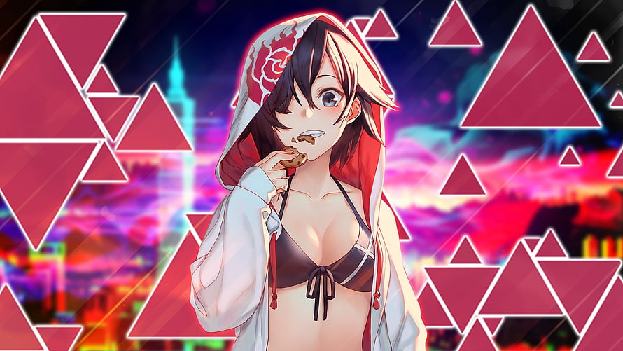 Anime Girl Eating Cookie in Bikini and Hoodie with Neon City Background HD wallpaper