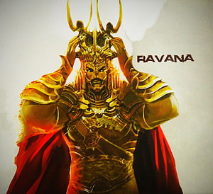 Ravana in Golden Armor with Red Cape and Horned Crown HD wallpaper