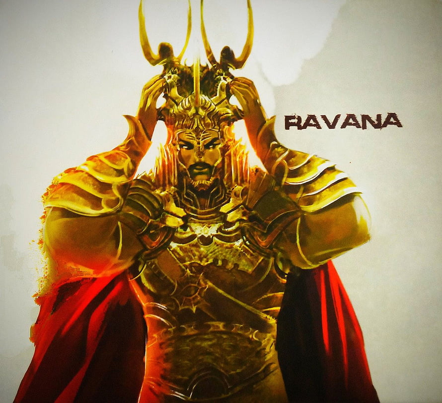 Ravana in Golden Armor with Red Cape and Horned Crown HD wallpaper