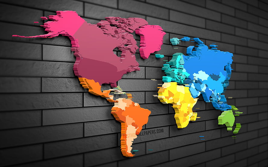 Vibrant 3D World Map Rendered on Dark Gray Brick Wall with Glitch Effects HD wallpaper