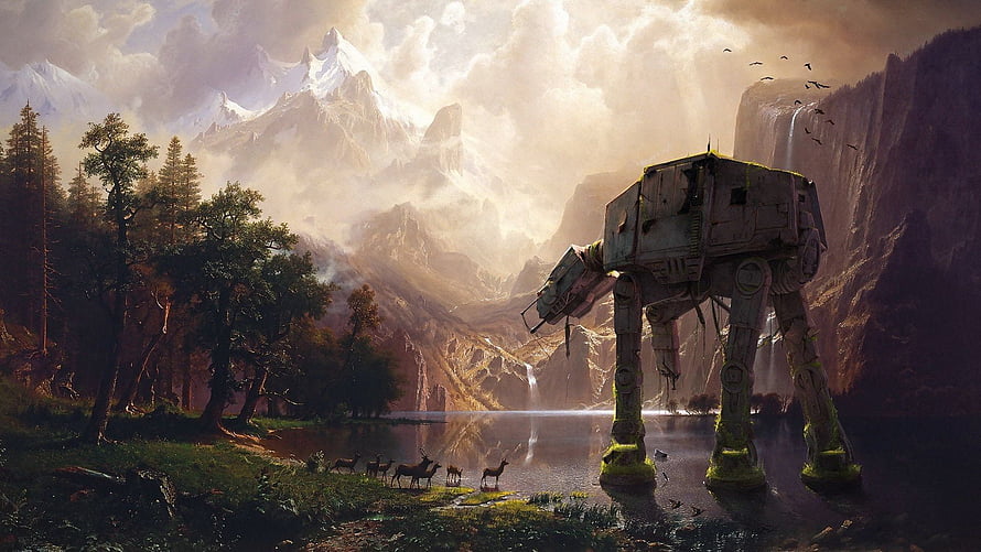 Abandoned AT-AT Walker in Majestic Mountain Valley with Deer and Waterfall HD wallpaper