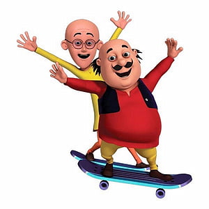 Motu Patlu 3D Animated Characters Skateboarding Together Fun Adventure Wallpaper HD phone wallpaper