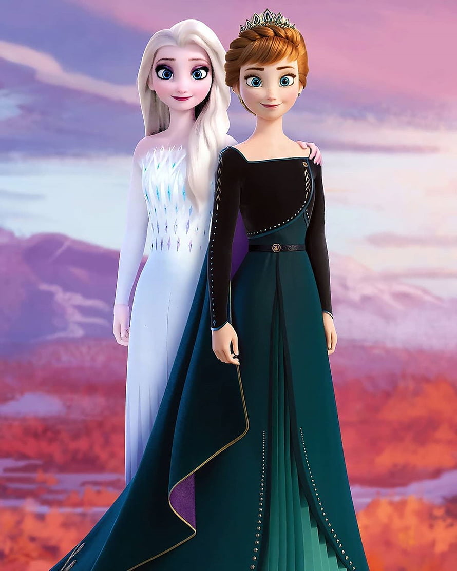 Elsa and Anna from Frozen 2 standing together in elegant gowns against a colorful sunset landscape HD phone wallpaper