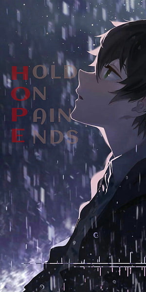 Anime Boy Profile in Rain with Hope and Pain Text Overlay HD phone wallpaper