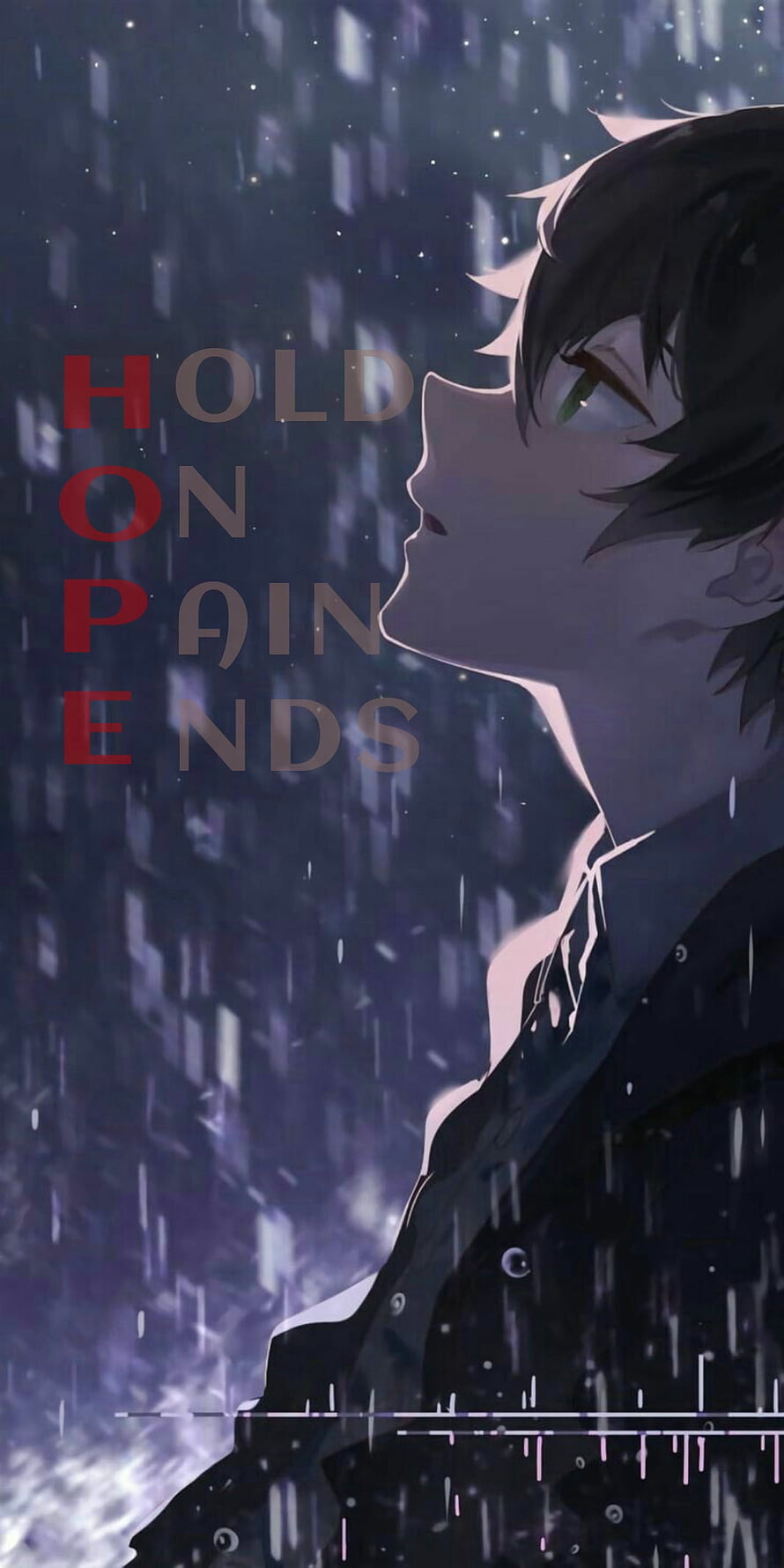 Anime Boy Profile in Rain with Hope and Pain Text Overlay HD phone wallpaper
