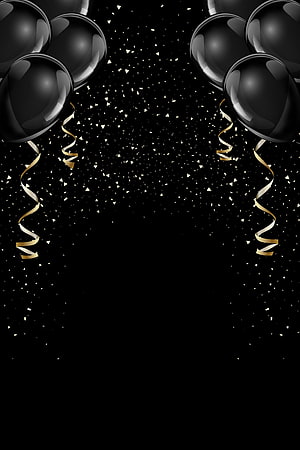 Elegant Black and Gold Balloon Celebration with Confetti and Streamers on Dark Background HD phone wallpaper