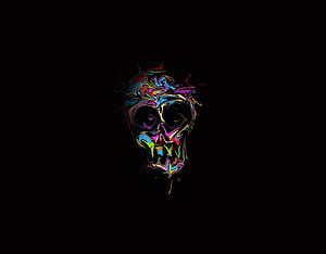 Vibrant Glitch Art Skull with Neon Liquid Colors on Black Background HD wallpaper