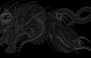 Dark Japanese Dragon Tattoo Design with Scales and Whiskers on Black Background HD wallpaper