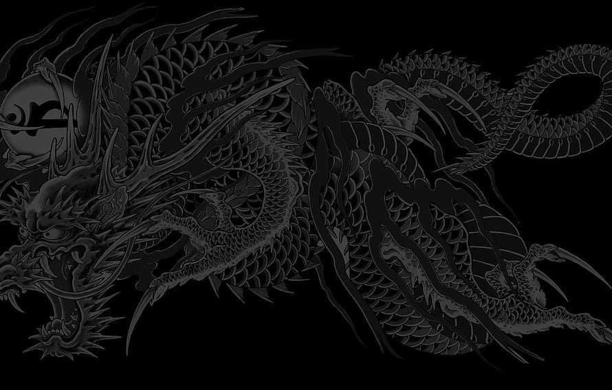 Dark Japanese Dragon Tattoo Design with Scales and Whiskers on Black Background HD wallpaper