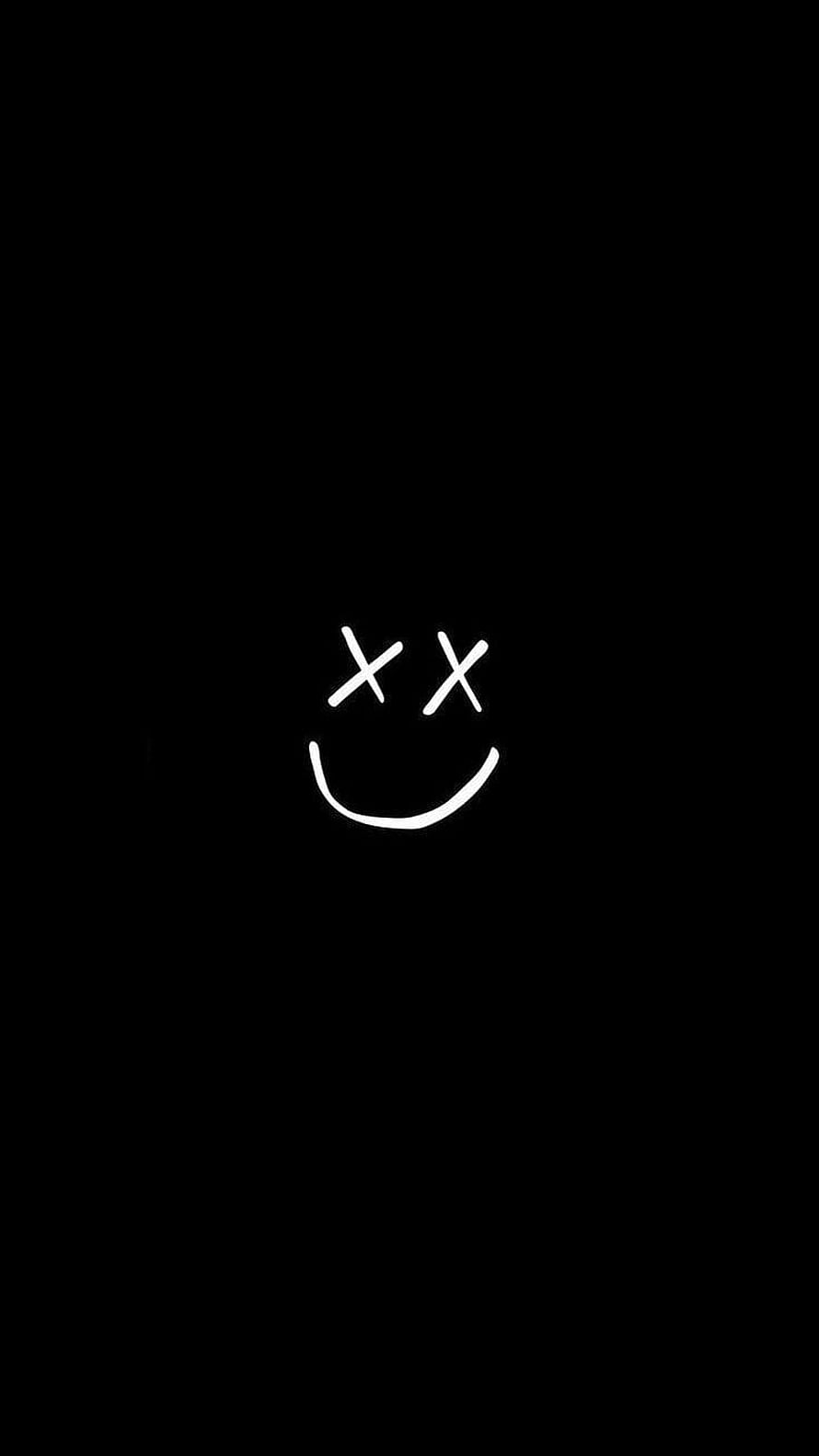 Minimalist White X-Eye Smiley Face Icon on Solid Black Background HD phone wallpaper