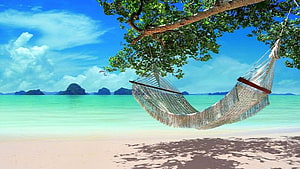 Tropical Beach Hammock Under Tree With Turquoise Ocean And Distant Islands HD wallpaper