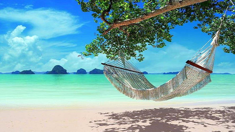 Tropical Beach Hammock Under Tree With Turquoise Ocean And Distant Islands HD wallpaper