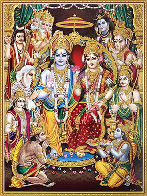 Vibrant Hindu Deity Artwork Featuring Rama Sita Hanuman and Ganesha in Traditional Temple Style, Lord Ram Darbar HD phone wallpaper