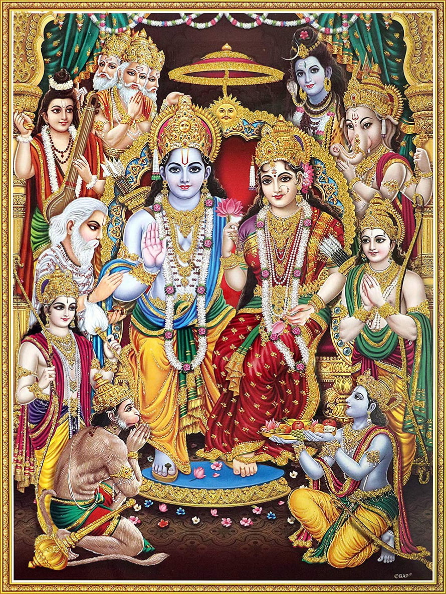Vibrant Hindu Deity Artwork Featuring Rama Sita Hanuman and Ganesha in Traditional Temple Style, Lord Ram Darbar HD phone wallpaper