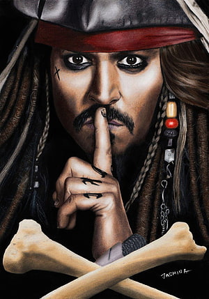 Captain Jack Sparrow Shushing Gesture With Crossed Bones Portrait HD phone wallpaper