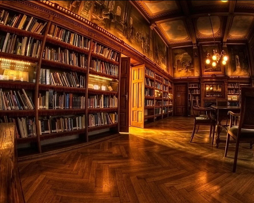 Biltmore House Grand Library Interior With Antique Bookshelves And Warm Wood Paneling HD wallpaper