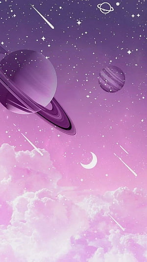 Dreamy Purple Space Scene with Ringed Planet, Crescent Moon, and Soft Clouds HD phone wallpaper