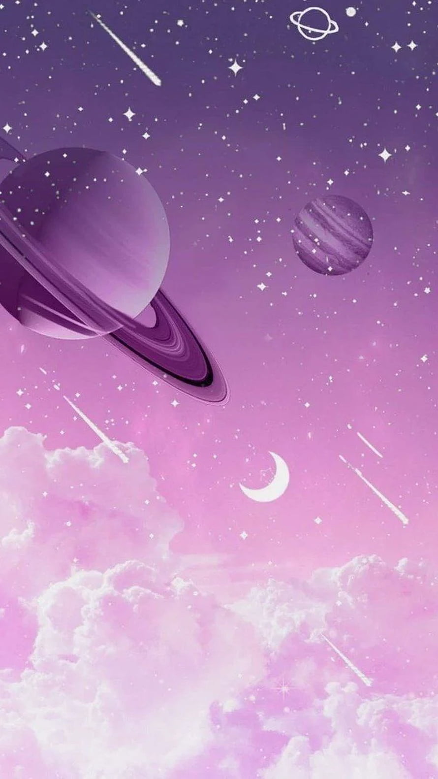 Dreamy Purple Space Scene with Ringed Planet, Crescent Moon, and Soft Clouds HD phone wallpaper