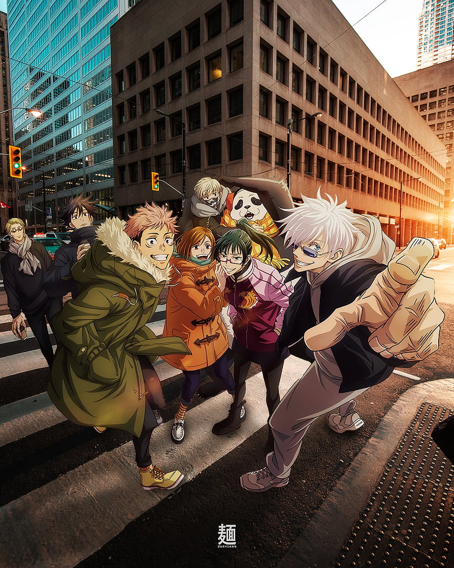 Jujutsu Kaisen characters running across city street at sunset HD phone wallpaper