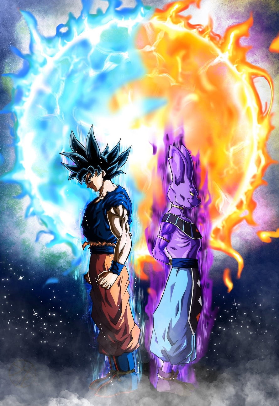 Goku and Beerus Standing Back to Back with Blue and Orange Energy Auras HD phone wallpaper