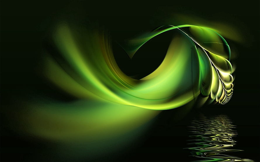 Glowing Green Abstract Feather with Water Reflection on Dark Background HD wallpaper