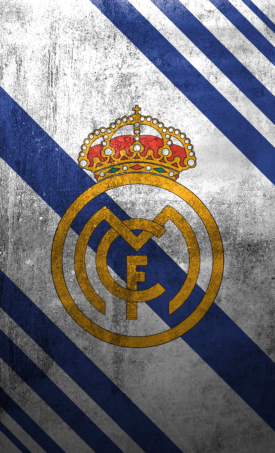 Real Madrid Club Crest on Distressed Blue and White Diagonal Stripes HD phone wallpaper