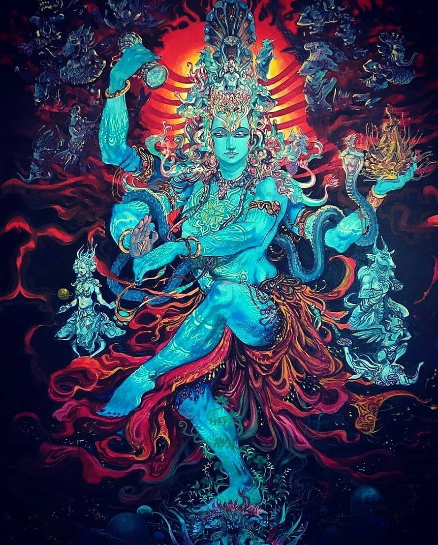 Vibrant Blue Hindu Deity Artwork with Red and Gold Accents HD phone wallpaper