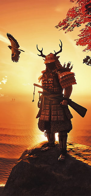 Ghost of Tsushima Samurai Warrior Standing on Rocky Cliff at Golden Sunset with Hawk and Autumn Foliage HD phone wallpaper