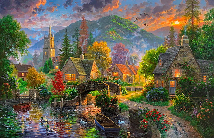 Painted English Village at Sunset with Stone Bridge, Cottages, and Church Spire HD wallpaper