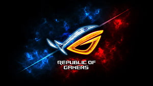 Asus Republic of Gamers Logo with Blue and Red Smoke on Black Background HD wallpaper