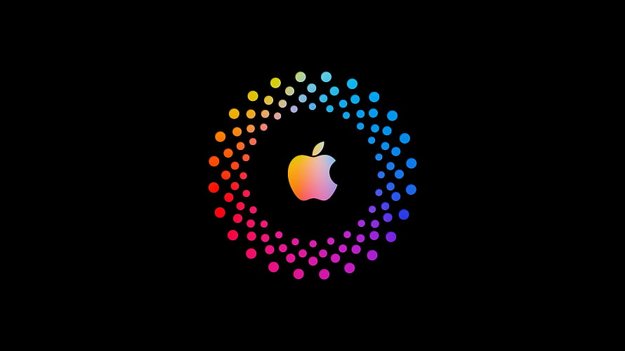 Apple Logo Encircled by Vibrant Rainbow Dot Pattern on Black Background HD wallpaper
