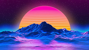 Retro Synthwave Sunset Over Neon Mountains and Ocean Waves HD wallpaper