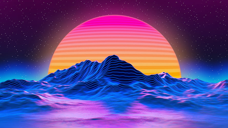 Retro Synthwave Sunset Over Neon Mountains and Ocean Waves HD wallpaper
