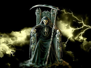 Yamraj the Grim Reaper Seated on a Skull Throne Amidst Lightning and Dark Storm Clouds HD wallpaper