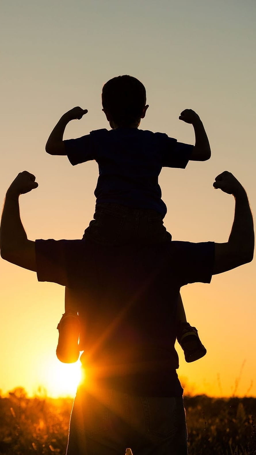 Father and Son Silhouette Flexing Muscles at Golden Sunset in a Field HD phone wallpaper