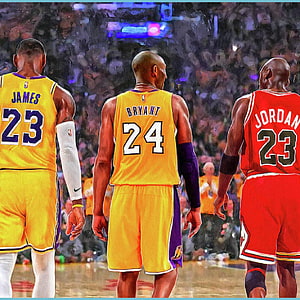 LeBron James, Kobe Bryant, and Michael Jordan Walking on the Court in Iconic Jerseys HD phone wallpaper