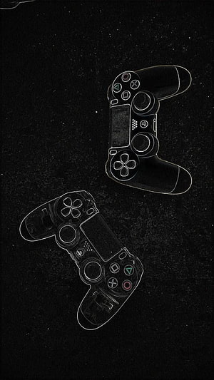 Two PlayStation 4 DualShock controllers outlined in white on a dark textured background HD phone wallpaper
