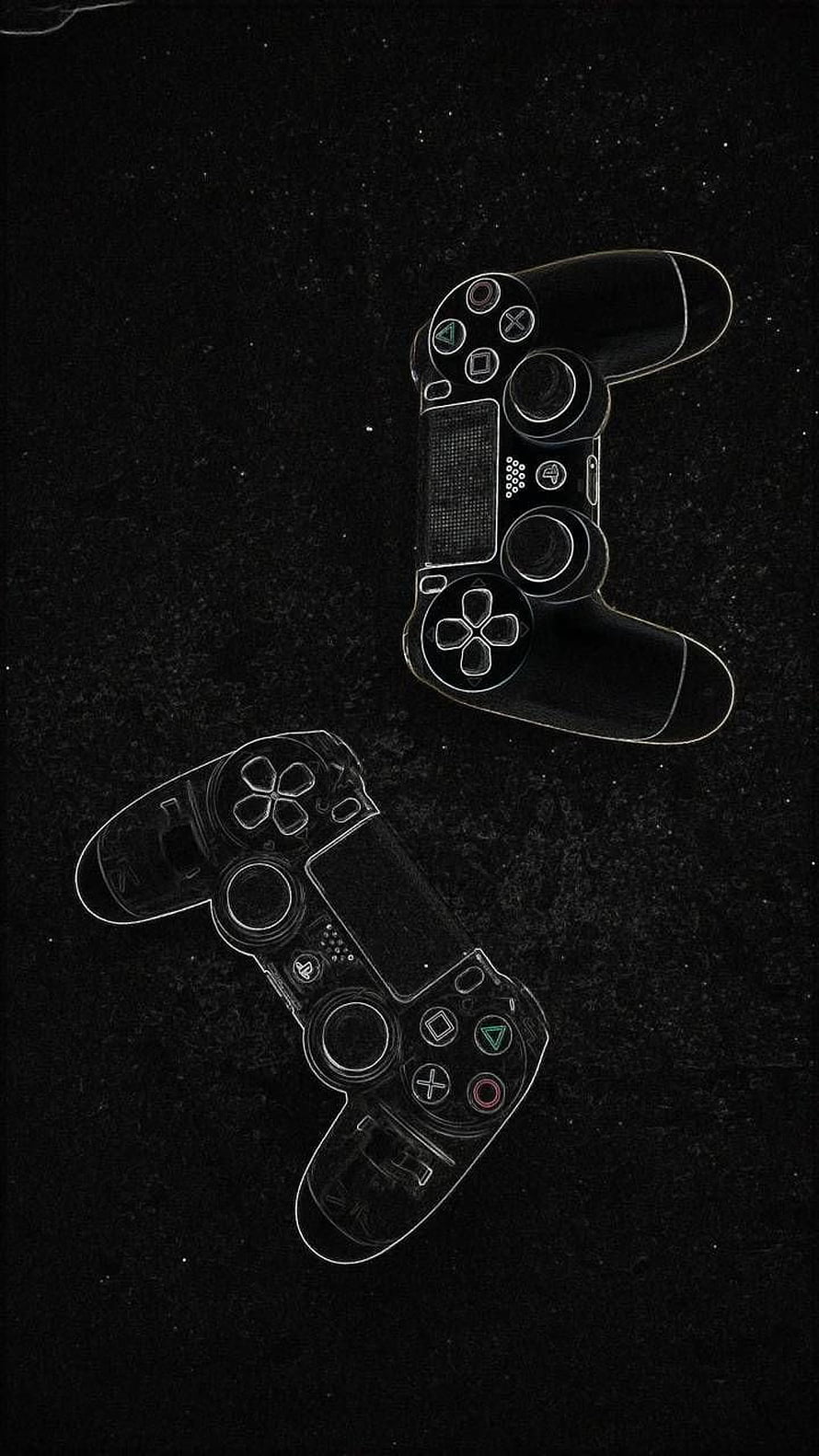 Two PlayStation 4 DualShock controllers outlined in white on a dark textured background HD phone wallpaper