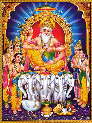 Lord Brahma Hindu Deity Sitting on Lotus Throne with Four Elephants and Sages HD phone wallpaper