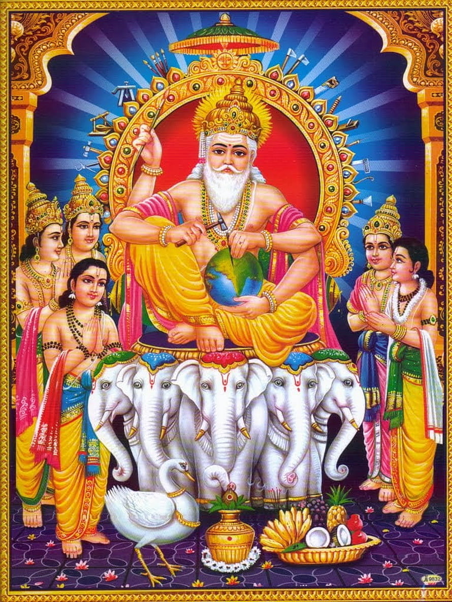 Lord Brahma Hindu Deity Sitting on Lotus Throne with Four Elephants and Sages HD phone wallpaper